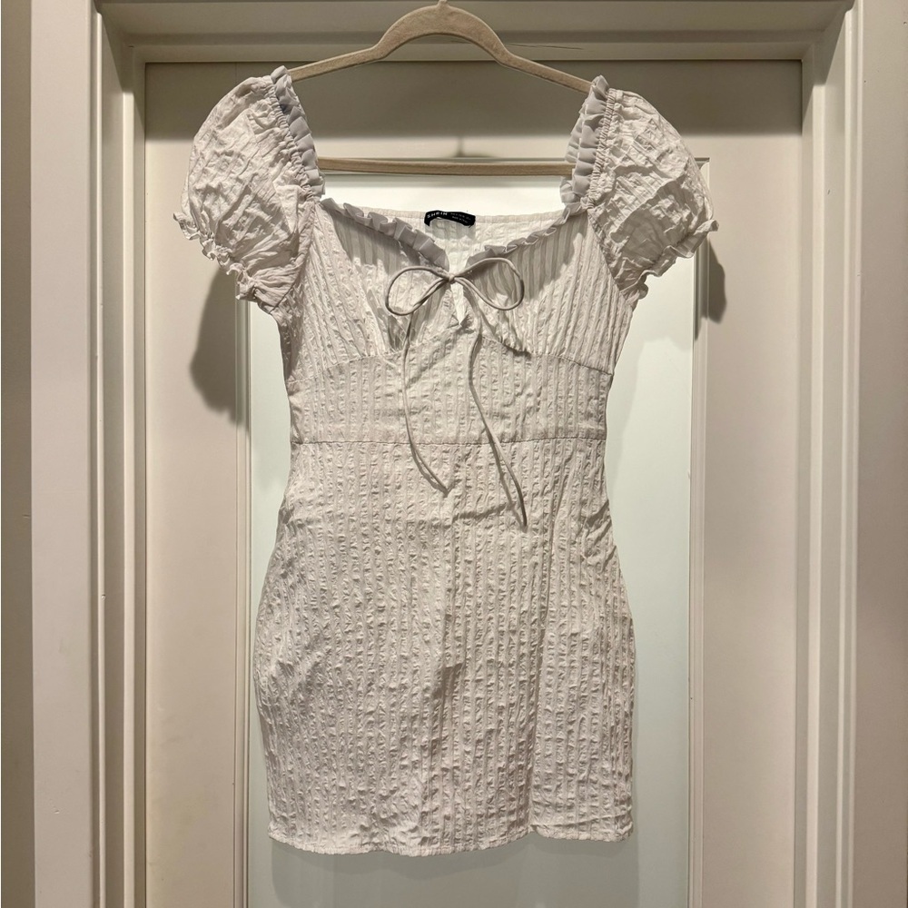 Shein LWD White Textured  Mini Dress Ties in front off or on shoulder Dainty
